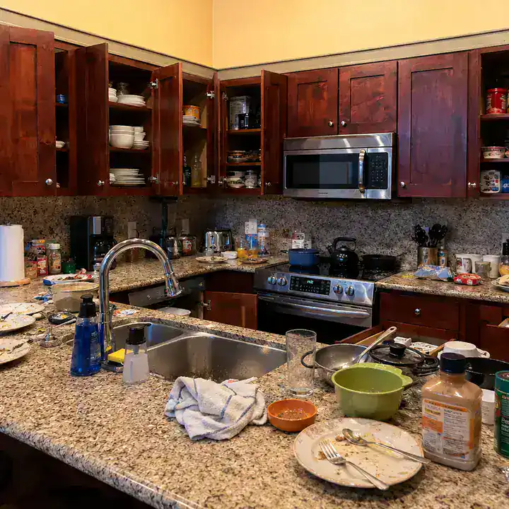 Cocina antes de la limpieza, con superficies y gabinetes por ordenar